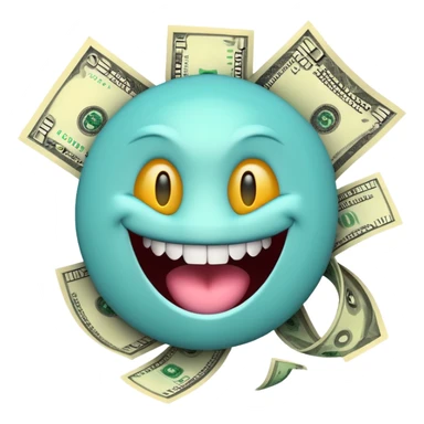 3D glossy emoji sticker, dollar-sign eyes, huge toothy grin, mouth stuffed with US dollar bills spilling out, floating banknotes, centered, solid chroma green background sticker