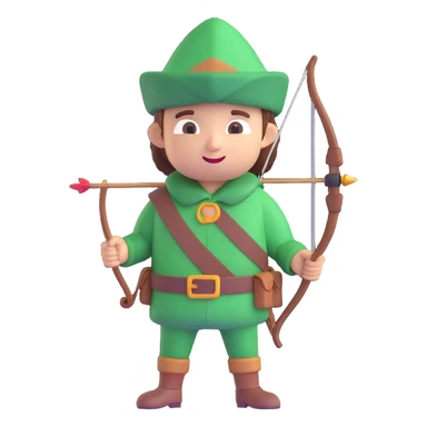 Robin Hood, classic English folk hero, green hat and bow, 3D emoji style sticker