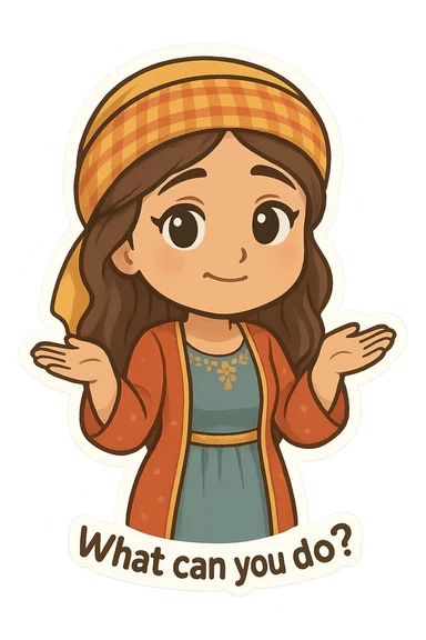 Kurdish woman in a new dress, shrugging with a 'what can you do?' expression, no text sticker