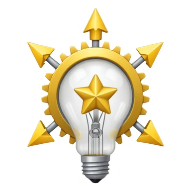 a gray gear with yellow curved raising arrow behind it on the right side, and then a small golden beaming light bulb on the left side sticker
