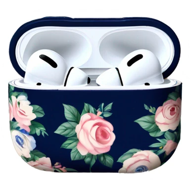 AirPods Pro in floral case with white and navy blue roses pattern on the case sticker