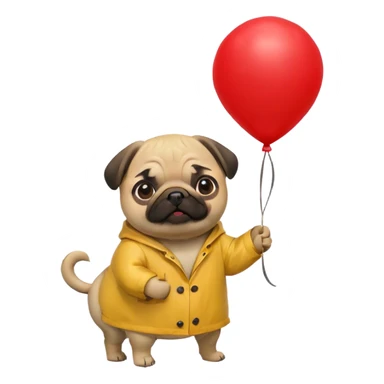 pug in yellow raincoat holding red balloon sticker