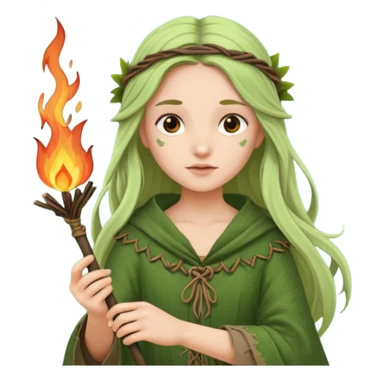 ancient european girl, tattered leaf green cloth, hold fire stick sticker