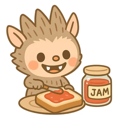 Labubu character spreading jam on bread, smiling, cute cartoon style sticker