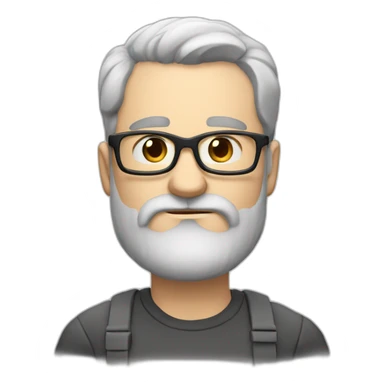 frowning white man with medium lenght dark hair and beard and glasses and sticker