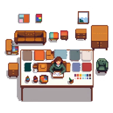 interior designer at work with furniture and color swatches sticker