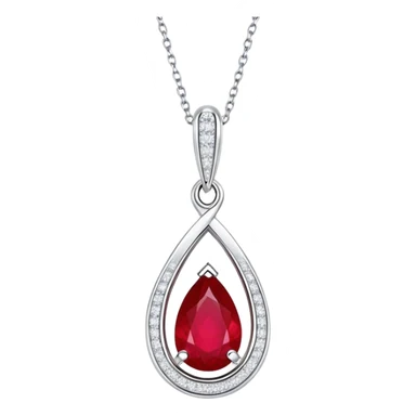 teardrop-shaped ruby pendant cradled in a delicate silver chain, haloed by shimmering white stones sticker
