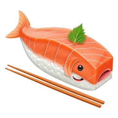 Cute Kawaii Sashimi Slice, delicate and fresh, bright orange salmon with soft pastel textures, an adorable happy face, tiny chopsticks lifting it, gentle glowing highlights! sticker