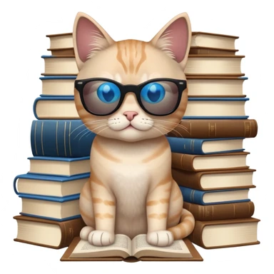 Cat with sunglasses ocean blue light and stand up over a desk full of books sticker