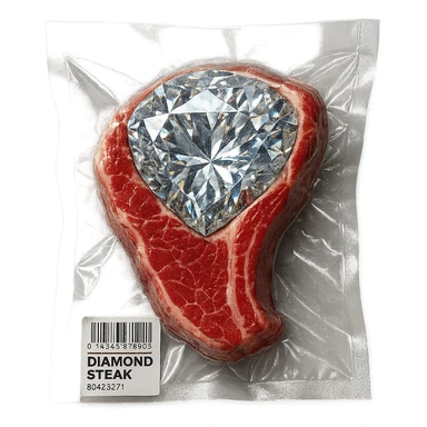 meat steak with sparkling diamond facets, glossy and puffy sticker