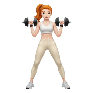 Ginger gym girl standing sideways with dumbbells and cream athleisure pants clothes sticker