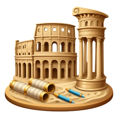 icon featuring ancient scrolls, quill pen with famous historical landmarks and monuments in the background like colliseum. Large, antique sand clocks with sand pouring out represent the passage of time. Historical figures are depicted as statues. Transparent background. sticker