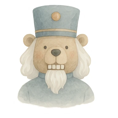 profile picture of a nutcracker bear with white hair, visible teeth, and a classic nutcracker hat, painterly style sticker