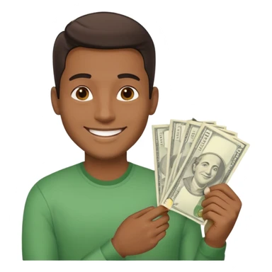 Create a photorealistic emoji of a happy man holding money. 4 different options sticker