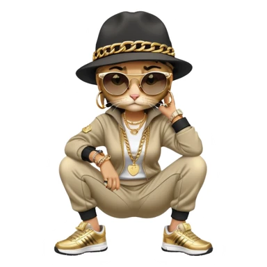 female cat wearing Run DMC hip-hop outfit with tracksuit, fedora, Adidas sneakers, dark sunglasses, many gold chains, rings, bracelets, flashy earrings, fallen down with distressed expression sticker