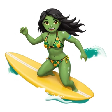 ork female holding small yellow bodyboard, running through shallow turquoise waves, muscular green body, bright floral bikini, fierce joyful grin showing tusks, long wet dark hair splashing, foam and spray, minimalist beach and ocean background, centered emoji, vibrant summer colors, sticker style sticker