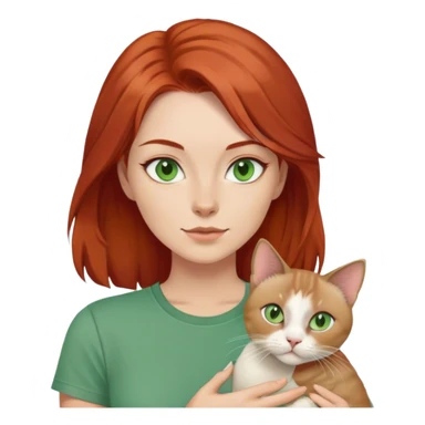redhaired woman holding a siamese cat, greenish gray eyes, green t-shirt, layered hairstyle, 4k sticker
