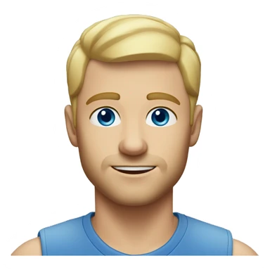 A head and shoulders shot of a 33 year old white man, with short blonde hair,   with blue eyes wearing a t-shirt. sticker