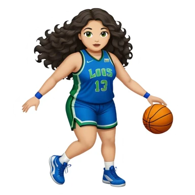 Full Body light skin Latino plus size women basketball player with long wavy dark hair  wearing blue and green uniform sticker