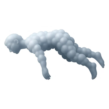 side view of unconscious person flying upwards by torso, arms and legs down, made of small very bright white fluffy convex clouds, matte glass style sticker