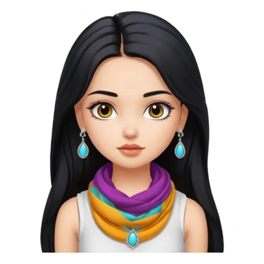 a pretty bratz girl with long black hair, kajal under eyes, small silver jhumkas. White tank top on. Colourful scarf around neck sticker