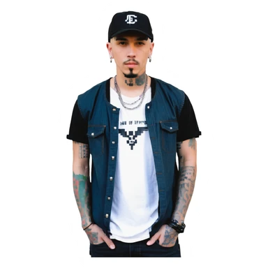 a man with a shaved head, goatee, pierced ear, and green eyes, wearing a black baseball cap, black shirt, jeans, and tattoos on one arm, pixel art style, hands in pockets sticker