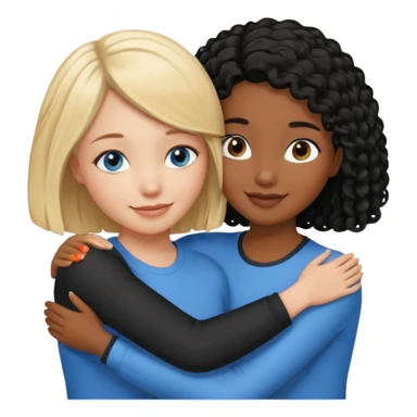 Girl best friends: one white girl with straight blond bob and blue eyes, one shorter black girl with long black curly hair, hugging sticker