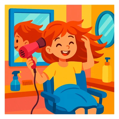 chica en la peluquería secándose el cabello con secador de pelo, espejos, estilo ilustración colorida, ambiente alegre sticker