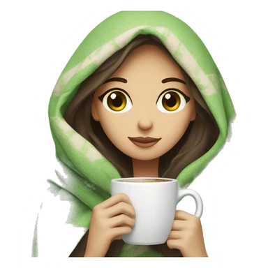 Brunette girl green eyes in blanket with coffee sticker