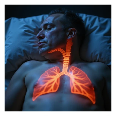 hyper-realistic medical CGI of an obese man sleeping, neck fat compressing airway like a thin straw, trachea walls showing red heat map, oxygen level at 82%, brain scan overlay with micro-awakenings disrupting deep sleep, 4K resolution, clinical style sticker