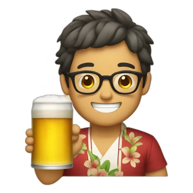 Japanese wearing glasses alohashirt is holding beer sticker