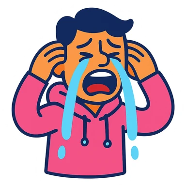 crying guy in a pink hoodie, vibrant cartoon style sticker