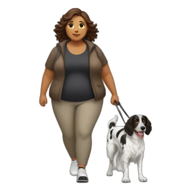 fat Woman with brown hair and english setter black white going for a Walk sticker
