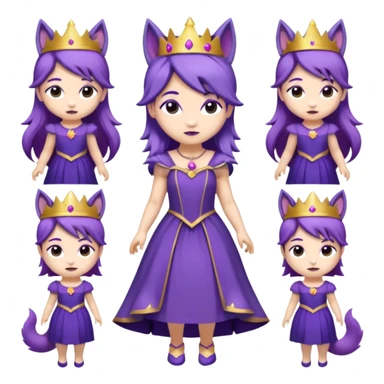 A collection of twelve chibi-style illustrations of a cute princess wearing a purple dress and crown with purple hair and purple wolf ears and purple wolf tail character. Each square shows the character doing different things against a white background And make a gap between each illusion sticker