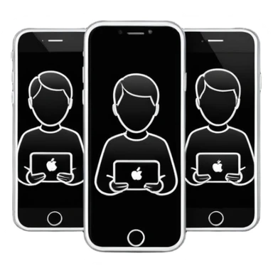 Minimalistic flat vector icon, iOS style, thin black contour on white background. Three small developer silhouettes around a smartphone with code brackets <>. Clean, no text, no shadows. sticker