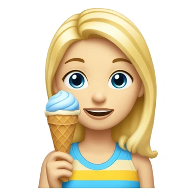Girl with blonde hair, blue eyes, yellow striped shirt, holding vanilla ice cream cone sticker