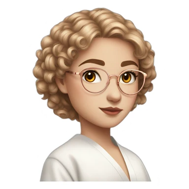 British teenage girl flax hair amber eyes rose gold round glasses white shirt black robe sticker