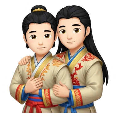 two muscled asian guys hugging in hanfu clothes, long hair sticker