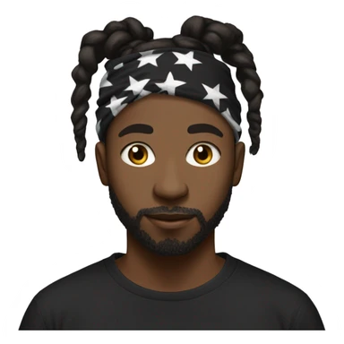 Black man with a dreadlock bun with a under cut with a white and black bandana on his head with black t shirt with no beard sticker