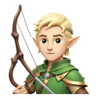 clash-of-clans-aesthetic-blond-male elf-archer-portrait-emoji, rendered in a flat, vector-style with minimal shading and bold holding his bow, simplified shapes, head tilted slightly forward with a determined, focused expression, riding a majestic stag whose antlers glow with mystical energy, set against an ancient, enchanted forest backdrop. sticker