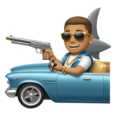 shark driving lowrider while holding a gun out the window and the shark has a gold chain sticker
