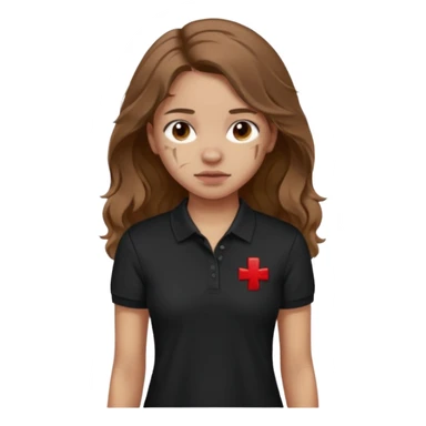 crie uma garota com ferimentos cabelo ondulado 2c longo castanho e blusa polo básica preta sticker