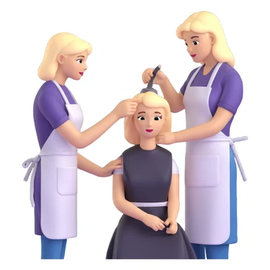 professional hairdresser in salon apron instructing student with mannequin sticker
