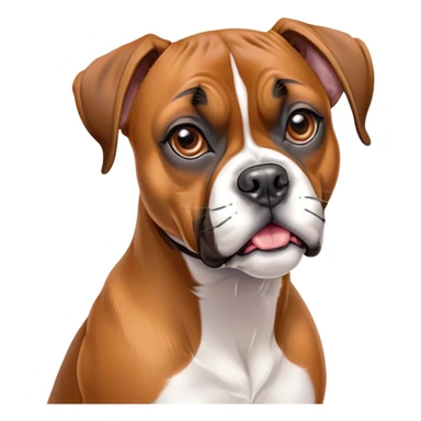 Cinematic Comical Fawn Boxer dog Portrait Emoji, Head tilted dramatically with an exaggeratedly shocked or offended expression, featuring a sleek fawn Fur with a distinctive white muzzle, wide, expressive brown eyes filled with exaggerated disbelief, Simplified yet hilariously expressive features, highly detailed, glowing with a slightly sassy glow, high shine, dramatic yet playful, stylized with an air of attitude, bright and endearing, soft glowing outline, capturing the essence of a sassy and over-the-top guardian, so meme-worthy it feels like it could side-eye its way into internet fame instantly! sticker