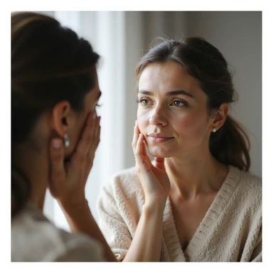 adult woman looking at herself in the mirror and touching her face, expression of self-compassion, realistic style, natural details, bright environment sticker
