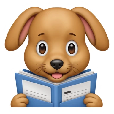 playful emoji dog sitting with a resume in its mouth, floppy ears, friendly face sticker