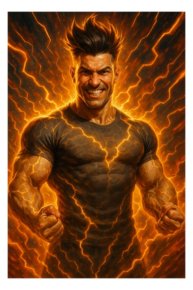 cinematic a man with a chiseled physique and wild, upward hair stands center stage, fists clenched and chest out. A radiant, electric aura envelops him, with energy lines and glowing effects highlighting his strength and masculinity. His face shows determination and pride, and the background features explosive, dynamic patterns. sticker