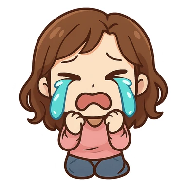 chibi emote of a woman in a pink blouse and jeans, crying with big tears, no headband, no sparkles, no wand, transparent background sticker