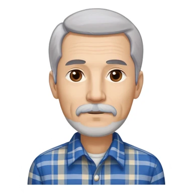 Thin older Hispanic man with light complexion. Elongated slim face with wise expression. Relaxed brown eyes. Long straight fine gray-white hair that covers the ears with soft fringe in front. White mustache connected to chin beard. Lean physique. Wearing a beige and blue plaid long-sleeved shirt. sticker