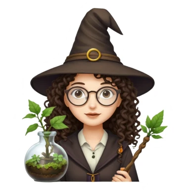 A long curly haired brunette girl with a witch hat, round white glasses, and a plant wand or plant potion terrarium sticker